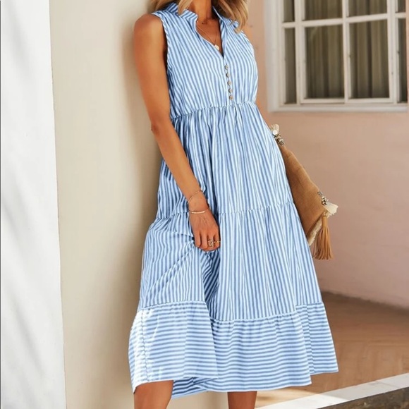 Boho striped notched neck button detail dress - Picture 5 of 16